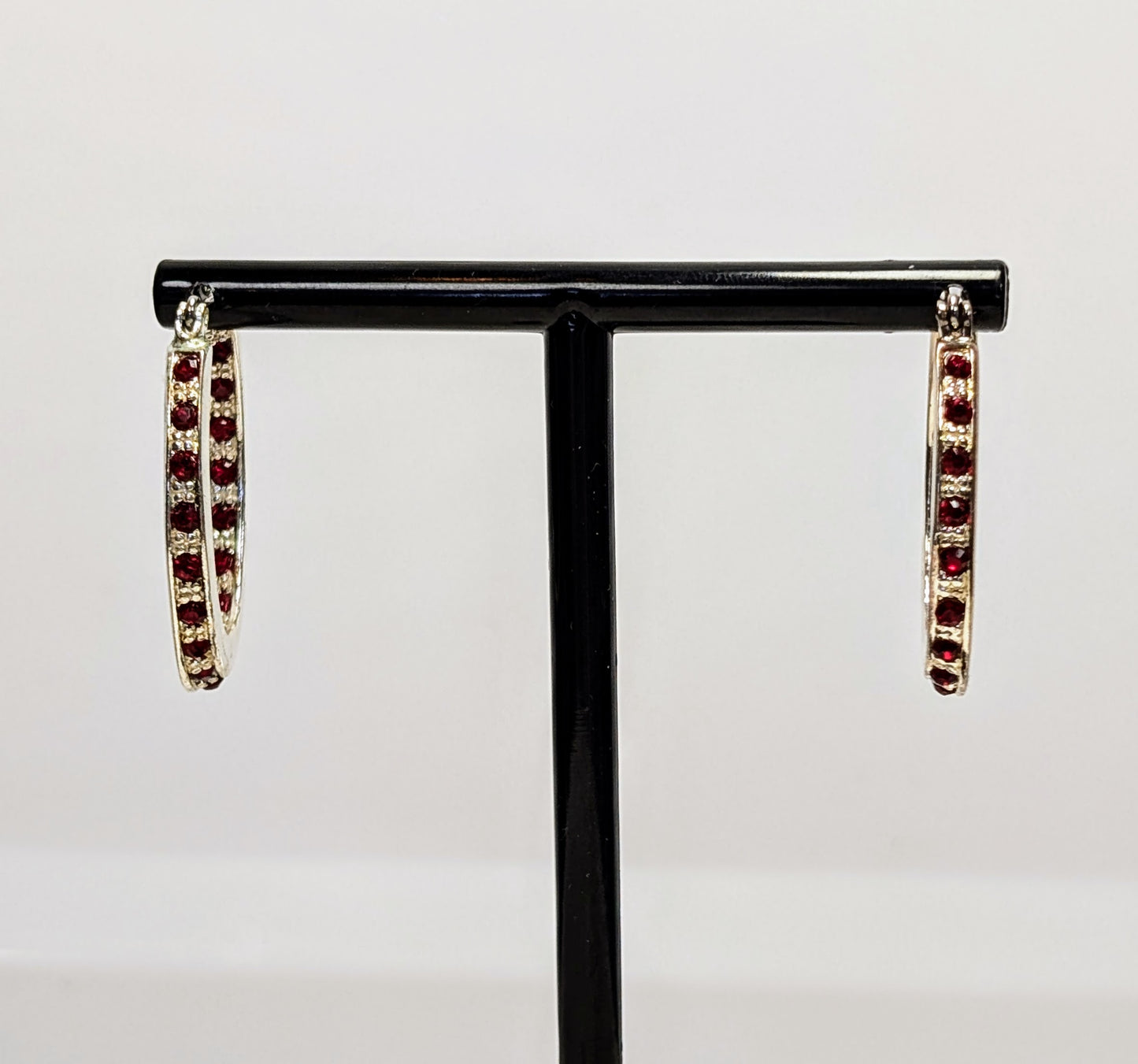 2008 Avon Silvertone Birthstone January Garnet Hoop Earrings in Box - New Old Stock (NOS) - Silver Avon 2008 Garnet Jan. Birthday Earrings