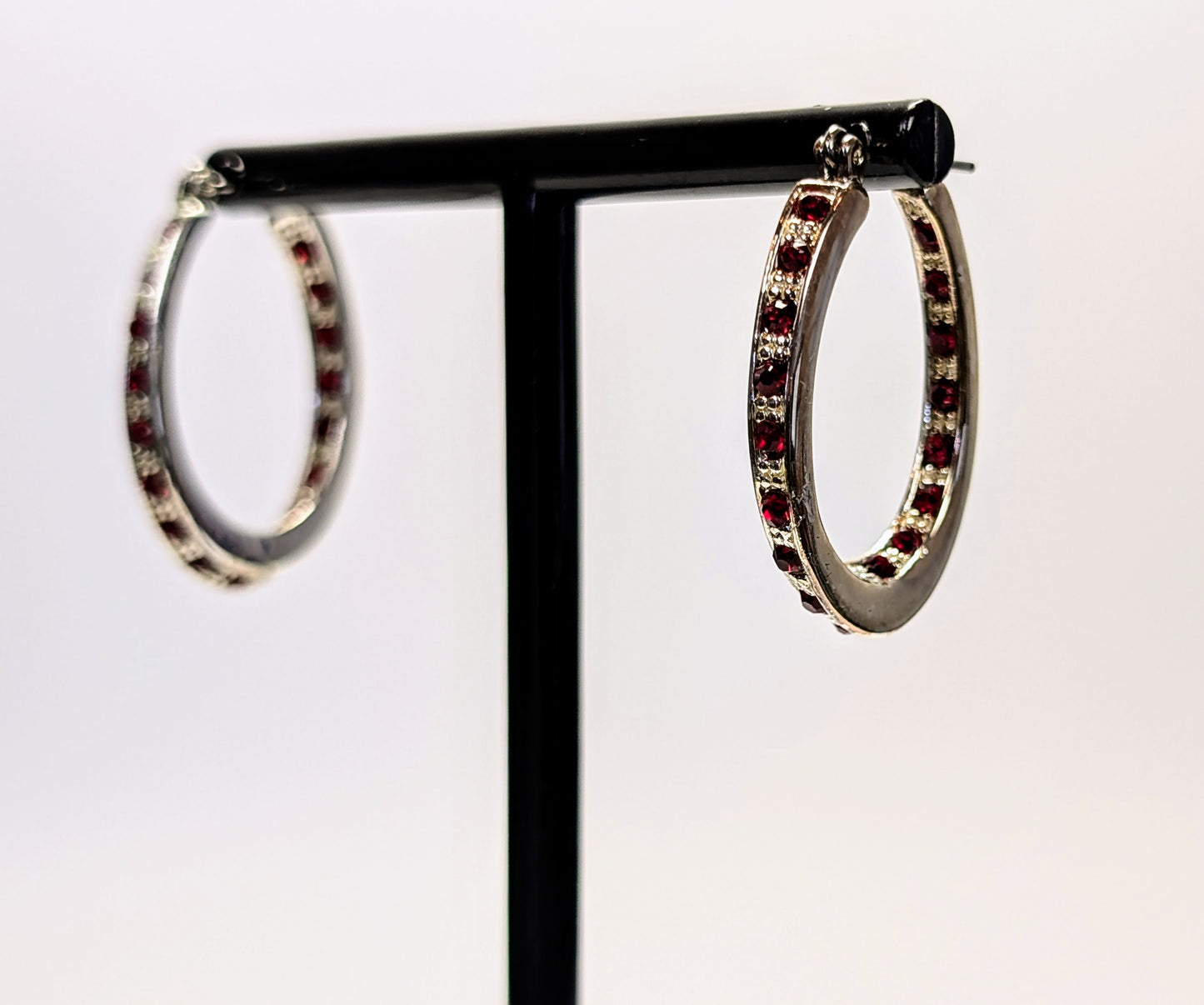 2008 Avon Silvertone Birthstone January Garnet Hoop Earrings in Box - New Old Stock (NOS) - Silver Avon 2008 Garnet Jan. Birthday Earrings