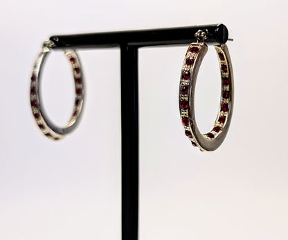 2008 Avon Silvertone Birthstone January Garnet Hoop Earrings in Box - New Old Stock (NOS) - Silver Avon 2008 Garnet Jan. Birthday Earrings