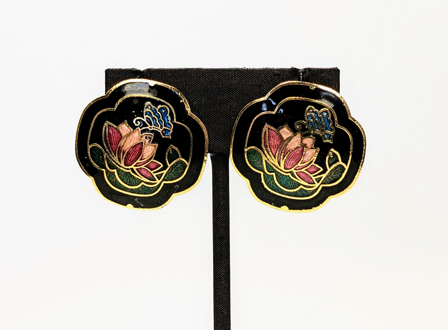 Beautiful Goldtone Cloisonne Butterfly Lotus Flower Pierced Stud Earrings - Vintage Cloisonné Enamel Butterfly and Flower Designed Earrings