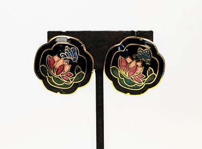 Beautiful Goldtone Cloisonne Butterfly Lotus Flower Pierced Stud Earrings - Vintage Cloisonné Enamel Butterfly and Flower Designed Earrings