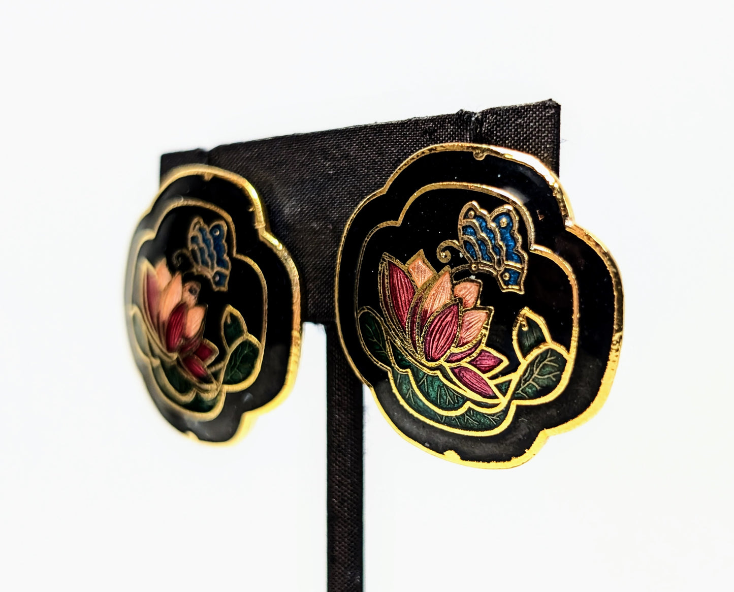 Beautiful Goldtone Cloisonne Butterfly Lotus Flower Pierced Stud Earrings - Vintage Cloisonné Enamel Butterfly and Flower Designed Earrings