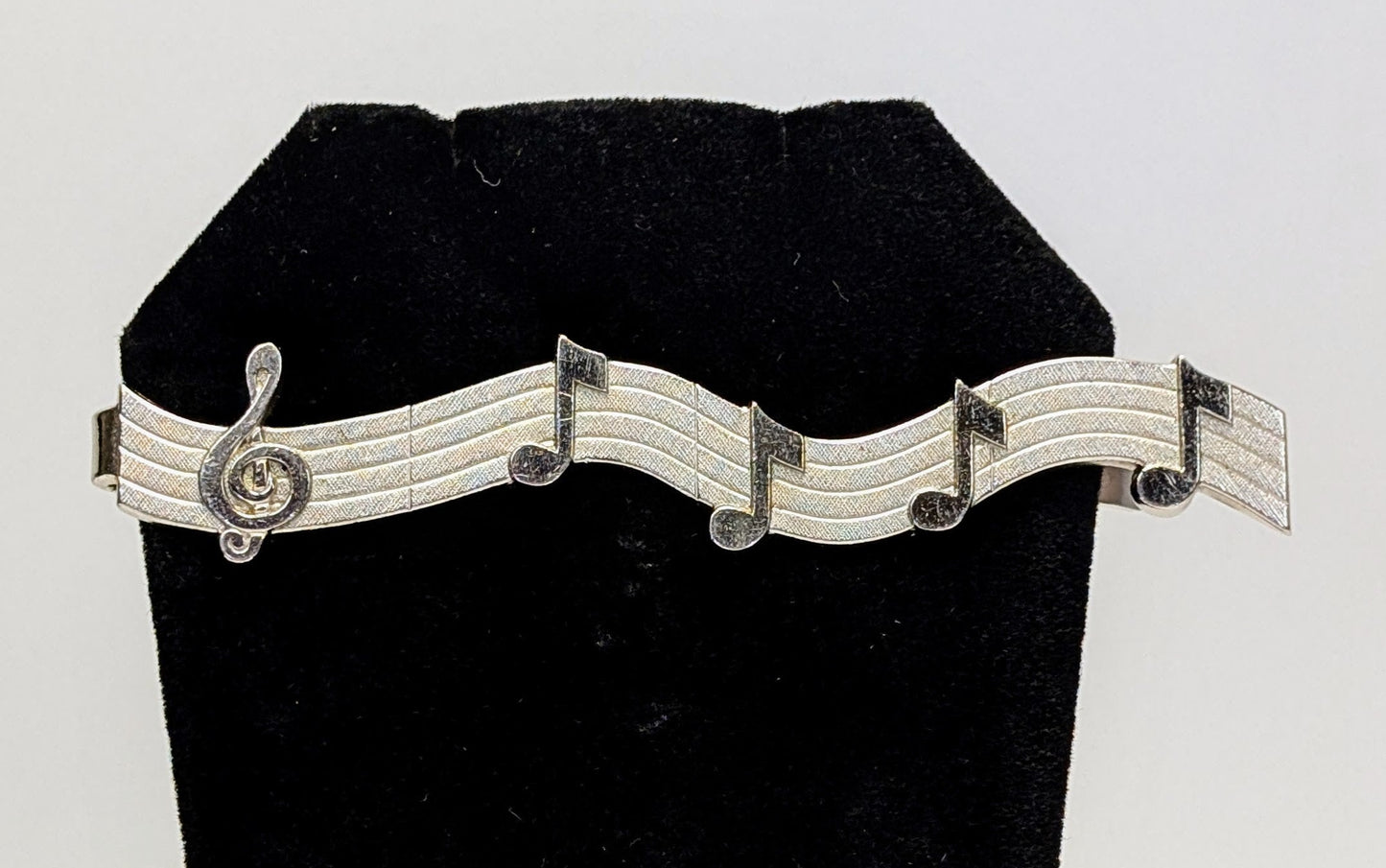 Funky Swank Silvertone Music Notes Tie Bar Clip - 3" Length - Vintage Swank Silver Treble Clef Musical Design Tie Clip