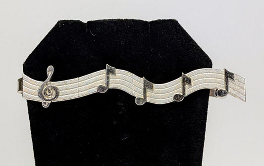 Funky Swank Silvertone Music Notes Tie Bar Clip - 3" Length - Vintage Swank Silver Treble Clef Musical Design Tie Clip
