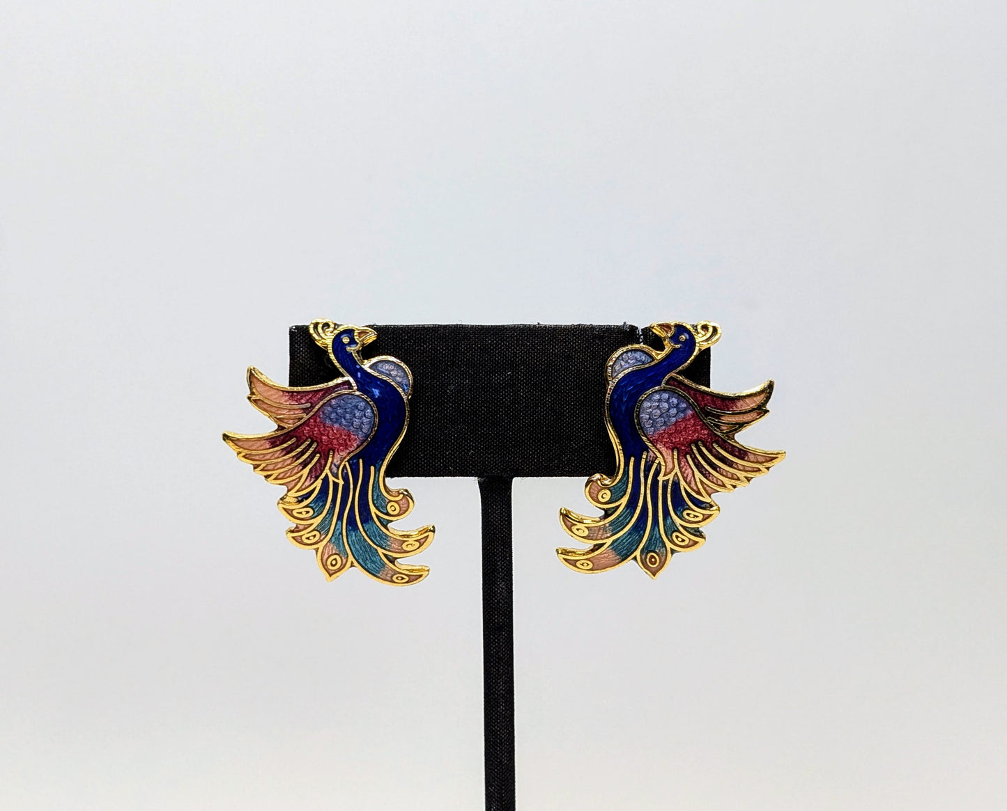 Pretty Goldtone Cloisonne Peacock Pierced Stud Earrings - Vintage Cloisonné Enamel Multicolor Peacock Bird Designed Earrings