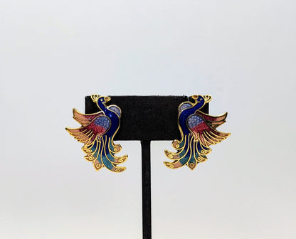 Pretty Goldtone Cloisonne Peacock Pierced Stud Earrings - Vintage Cloisonné Enamel Multicolor Peacock Bird Designed Earrings