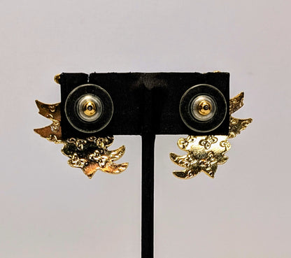 Pretty Goldtone Cloisonne Peacock Pierced Stud Earrings - Vintage Cloisonné Enamel Multicolor Peacock Bird Designed Earrings