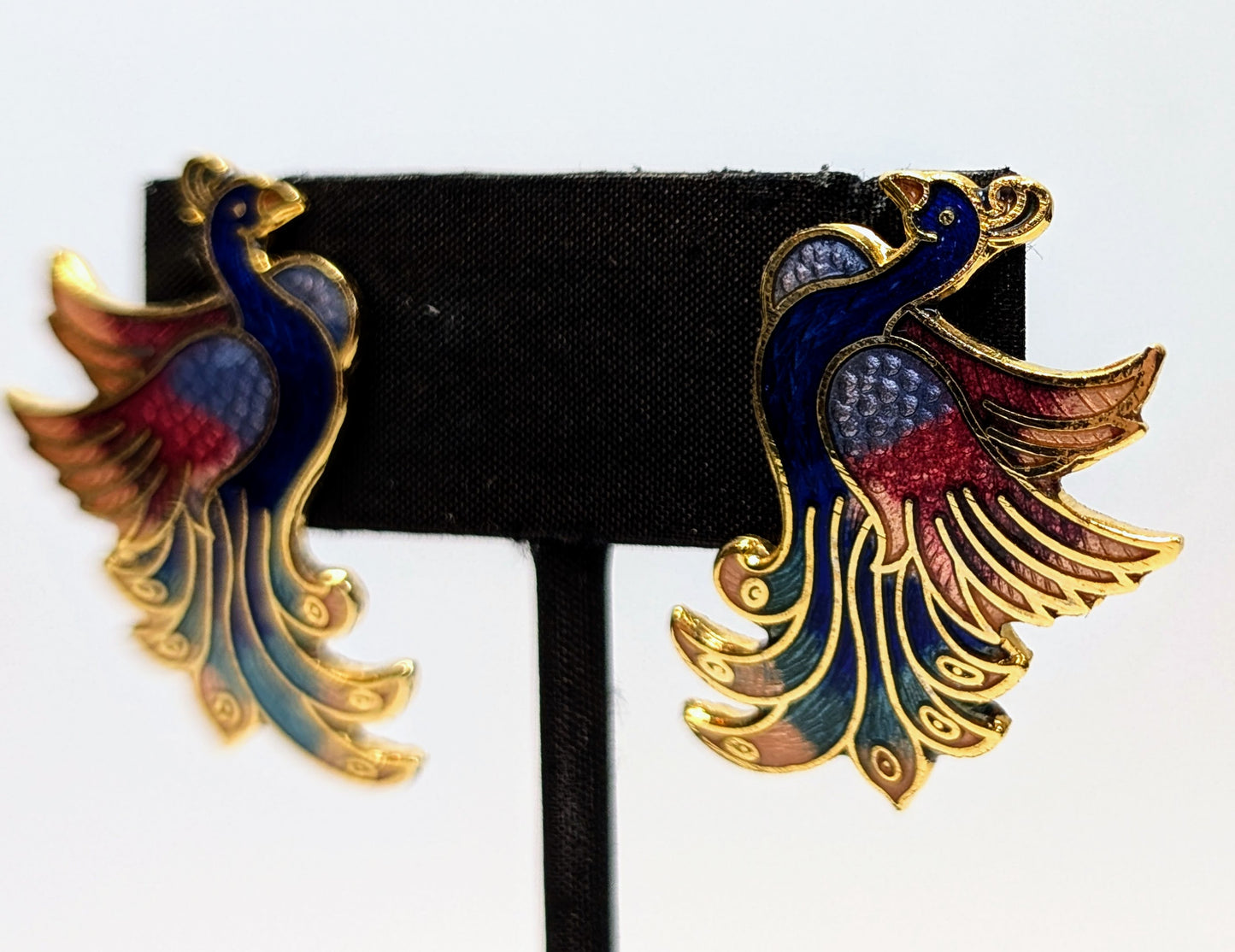 Pretty Goldtone Cloisonne Peacock Pierced Stud Earrings - Vintage Cloisonné Enamel Multicolor Peacock Bird Designed Earrings