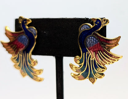 Pretty Goldtone Cloisonne Peacock Pierced Stud Earrings - Vintage Cloisonné Enamel Multicolor Peacock Bird Designed Earrings