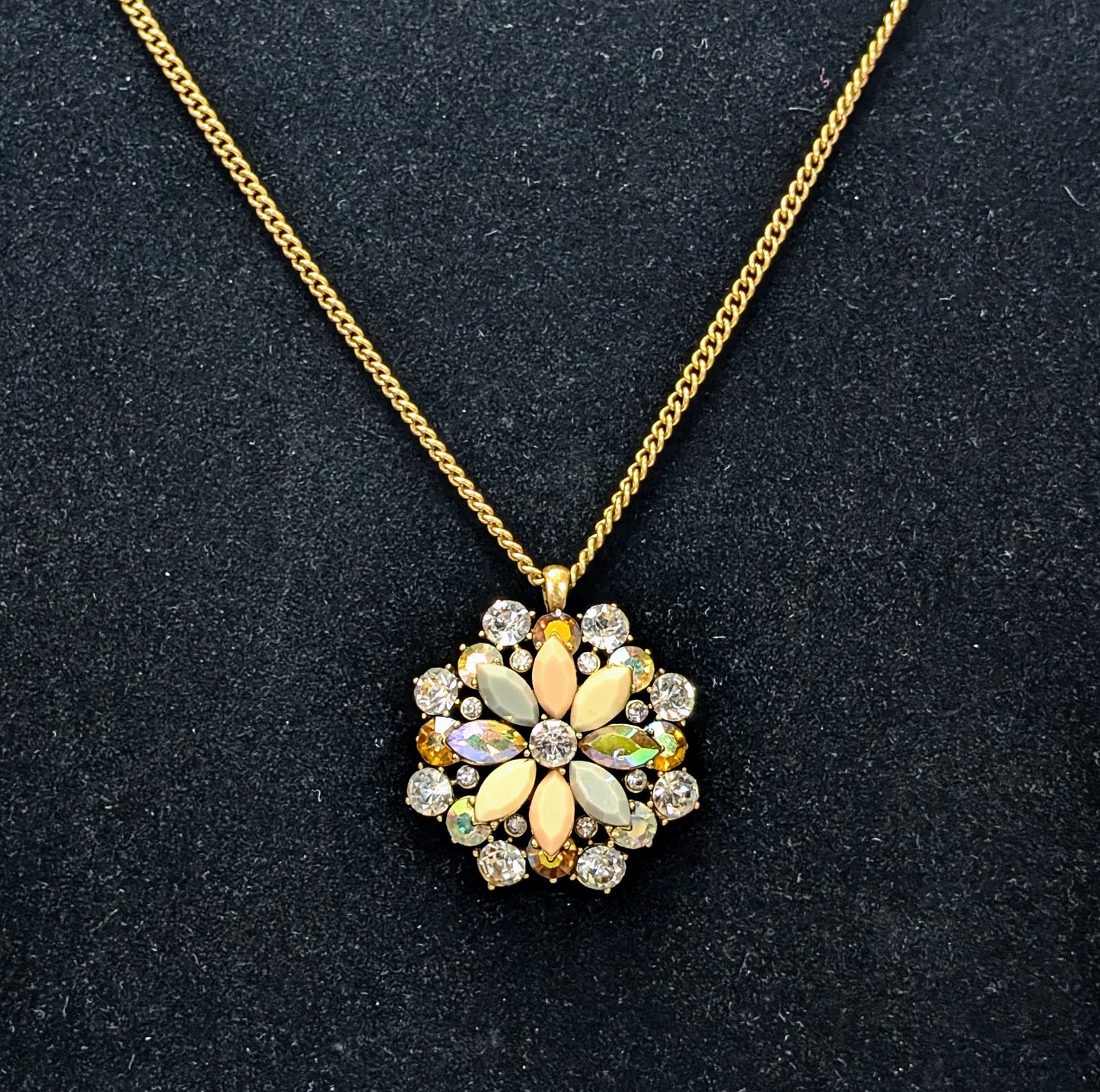 Stunning J. Crew Gold Toned Pastel Starburst Rhinestone Statement Necklace - 32" Length - Vintage J. Crew Pastel Pendant Necklace