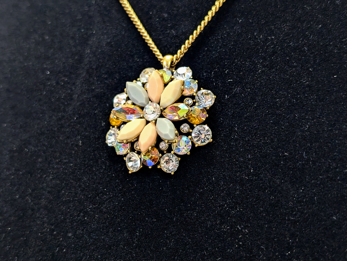 Stunning J. Crew Gold Toned Pastel Starburst Rhinestone Statement Necklace - 32" Length - Vintage J. Crew Pastel Pendant Necklace