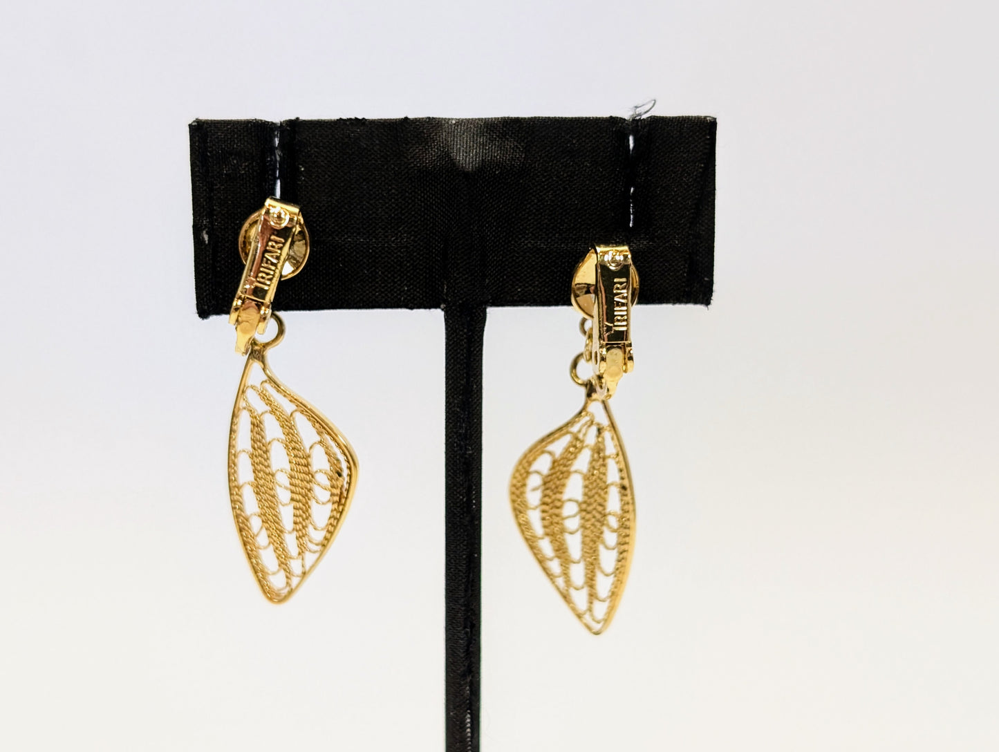 Whimsical Trifari Goldtone Filigree Butterfly Wing Clip-On Earrings - Vintage Elegant Trifari Signed Butterfly Gold Filigree Earrings