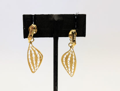 Whimsical Trifari Goldtone Filigree Butterfly Wing Clip-On Earrings - Vintage Elegant Trifari Signed Butterfly Gold Filigree Earrings