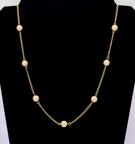 Stunning Sarah Coventry Goldtone Faux Pearl Long Link Necklace - 35" Length - Vintage Sarah Cov. Gold Ivory Bead Layering Necklace