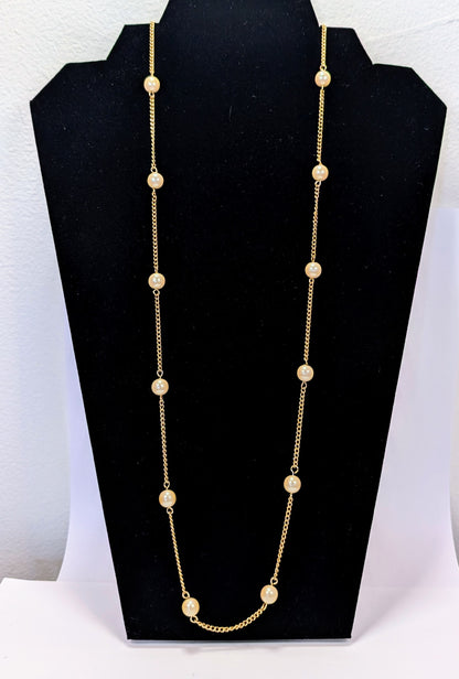 Stunning Sarah Coventry Goldtone Faux Pearl Long Link Necklace - 35" Length - Vintage Sarah Cov. Gold Ivory Bead Layering Necklace