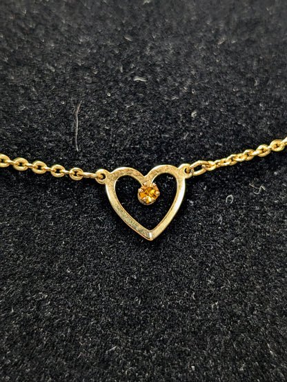 Cute Avon Gold Toned Tender Hearts Birthstone November Topaz Dainty Necklace - 15" Length - Vintage 1977 Avon Gold Nov. Birthstone Choker