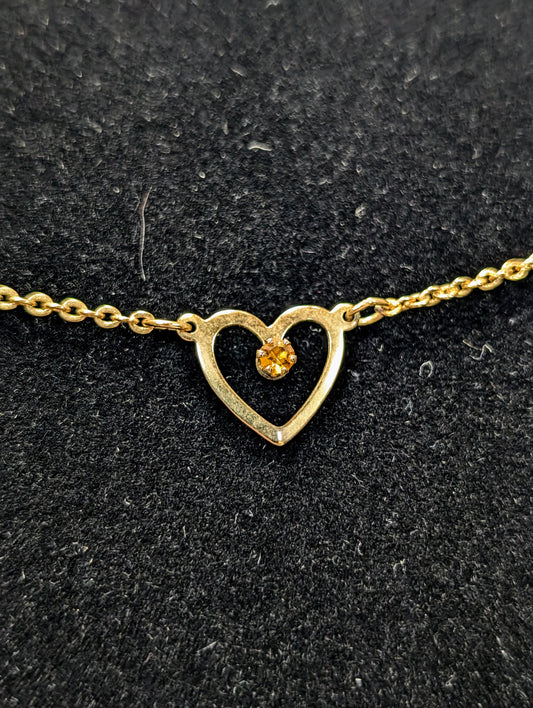 Cute Avon Gold Toned Tender Hearts Birthstone November Topaz Dainty Necklace - 15" Length - Vintage 1977 Avon Gold Nov. Birthstone Choker