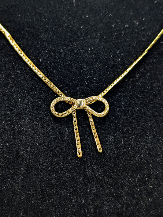 Coquette Avon Gold Toned Bow Baguette Chain Dainty Choker Necklace - 16.5" Length - Vintage 1979 Avon Dainty Gold Bow Minimalist Choker