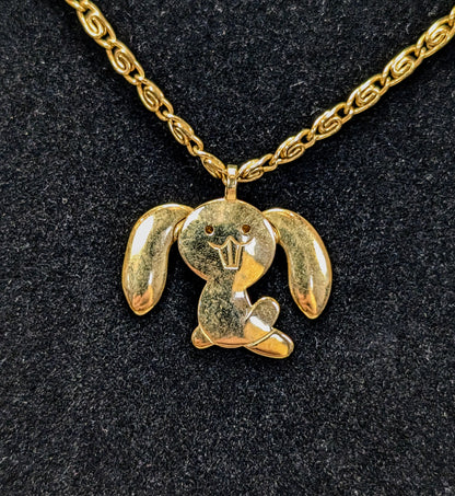 Cute 1970s Avon Gold Toned Flopsy Bunny Pendant Choker Necklace - 15" Length - Vintage 1976 Avon Articulated Bunny Ears Goldtone Necklace