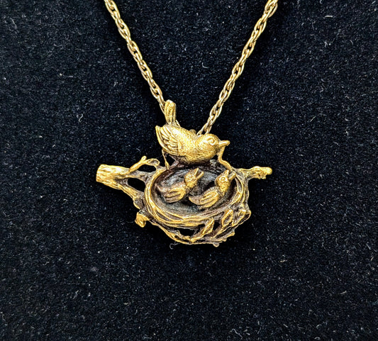 Beautiful Anson Pewter Gold Toned Mother and Baby Birds Nest Pendant Necklace - 18" Length - Vintage Anson Pewter Mother's Day Bird Necklace