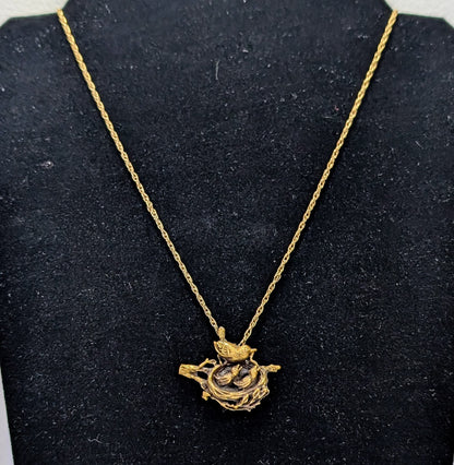 Beautiful Anson Pewter Gold Toned Mother and Baby Birds Nest Pendant Necklace - 18" Length - Vintage Anson Pewter Mother's Day Bird Necklace
