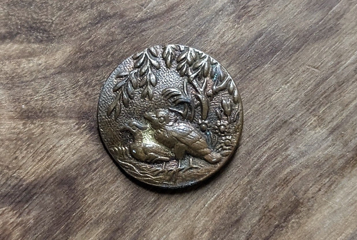 Antique Brass Button Floral and Bird Decorative Accents - Vintage Decorative Art Button Nature Birds and Shrubbery