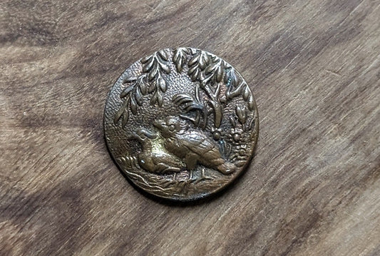 Antique Brass Button Floral and Bird Decorative Accents - Vintage Decorative Art Button Nature Birds and Shrubbery