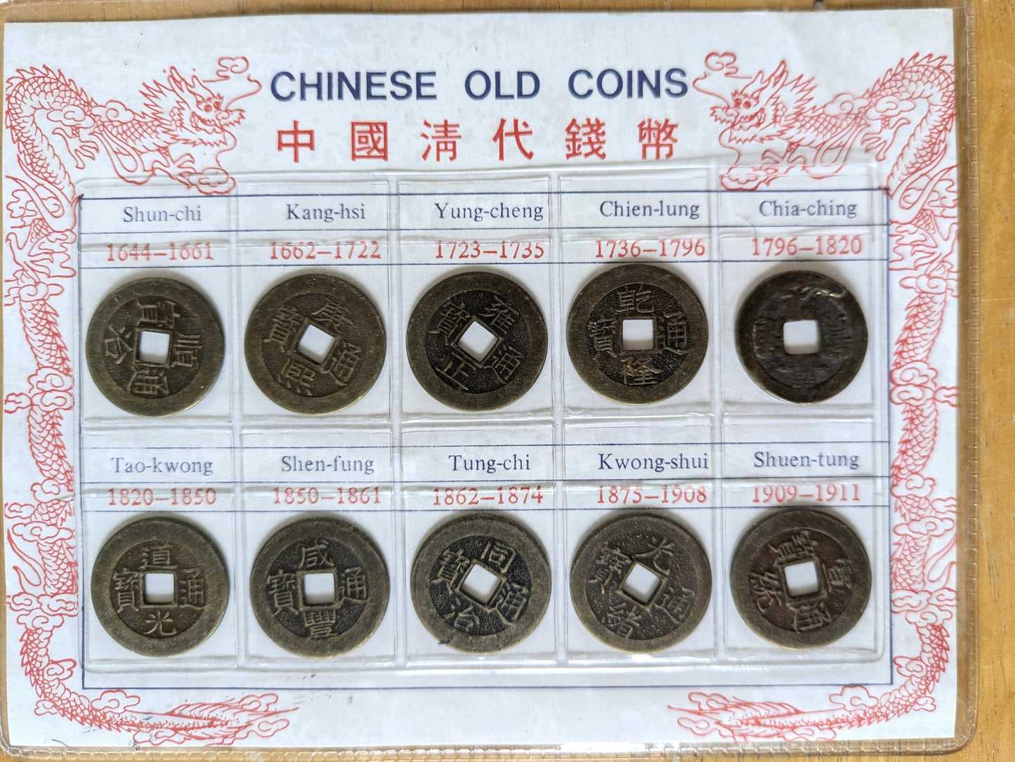 Old Chinese Cash Coin Set - Chinese Tongbao Cash Coins Labeled Set with Description and Time Period Labels - Great Condition -