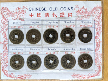 Old Chinese Cash Coin Set - Chinese Tongbao Cash Coins Labeled Set with Description and Time Period Labels - Great Condition -