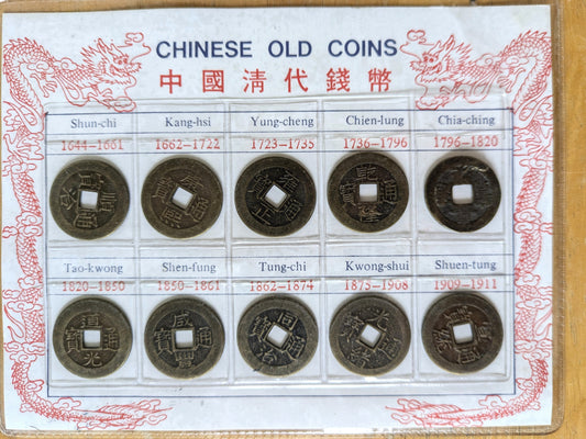 Old Chinese Cash Coin Set - Chinese Tongbao Cash Coins Labeled Set with Description and Time Period Labels - Great Condition -
