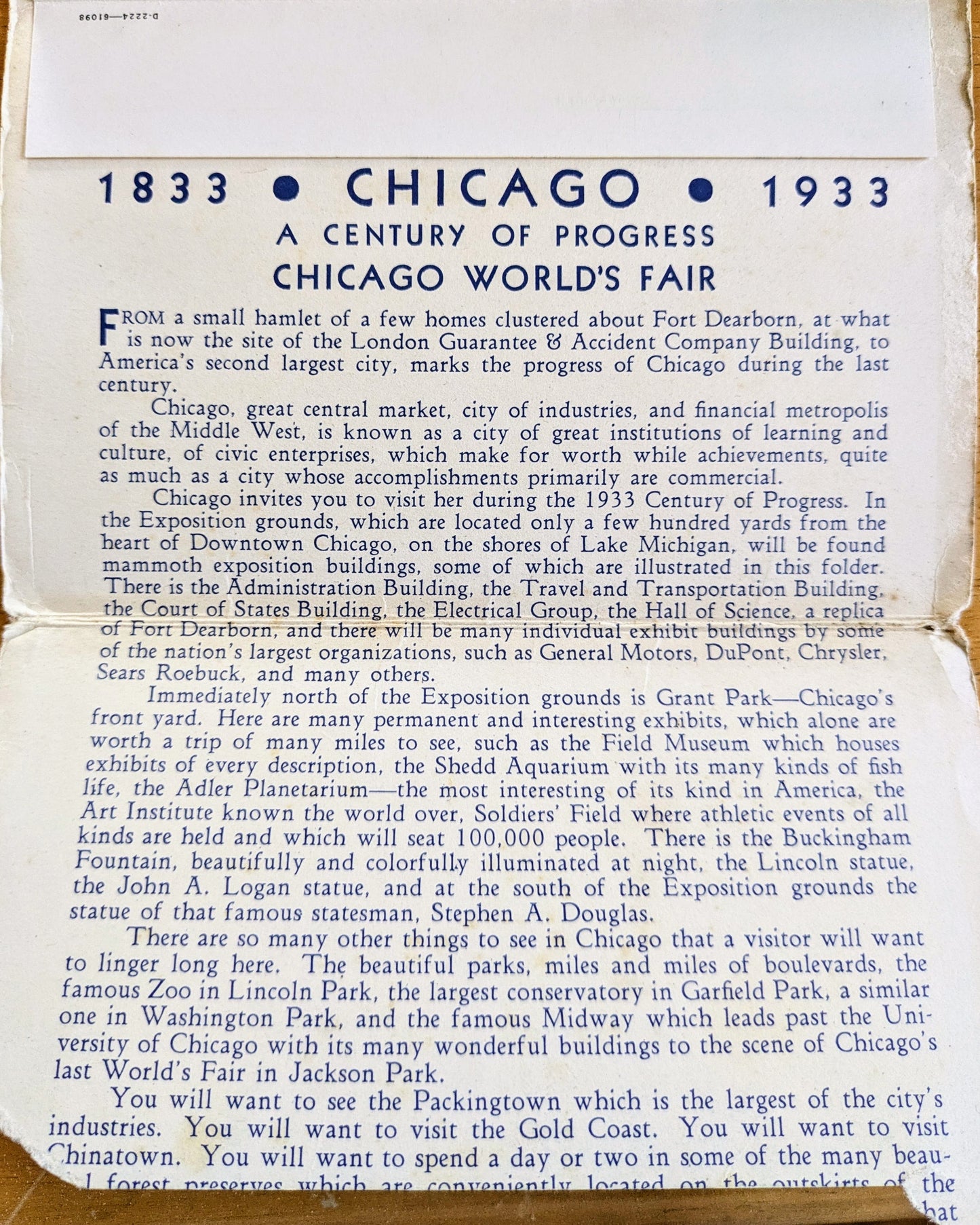 1933 Chicago World's Fair Century of Progress Souvenir Booklet - Unposted/Blank - Vintage Chicago World's Fair Postcard Photo Folder