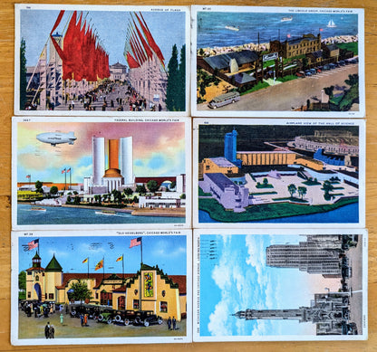 Lot of 6 1933 Chicago World's Fair Century of Progress Linen Postcards - All Posted/Stamped - Vintage Chicago World's Fair Postcard