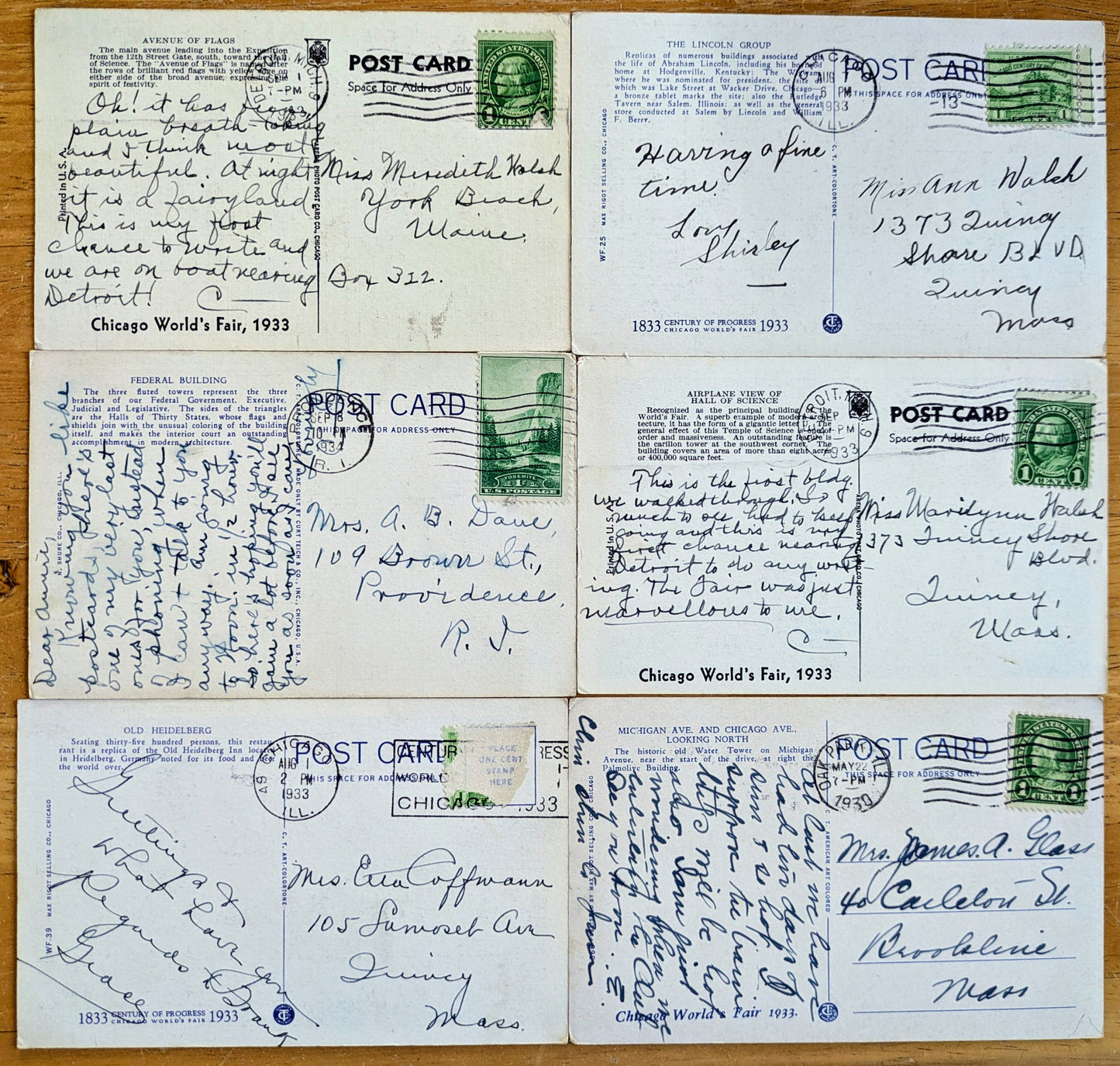 Lot of 6 1933 Chicago World's Fair Century of Progress Linen Postcards - All Posted/Stamped - Vintage Chicago World's Fair Postcard