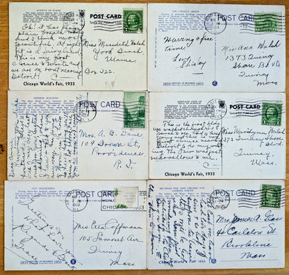 Lot of 6 1933 Chicago World's Fair Century of Progress Linen Postcards - All Posted/Stamped - Vintage Chicago World's Fair Postcard