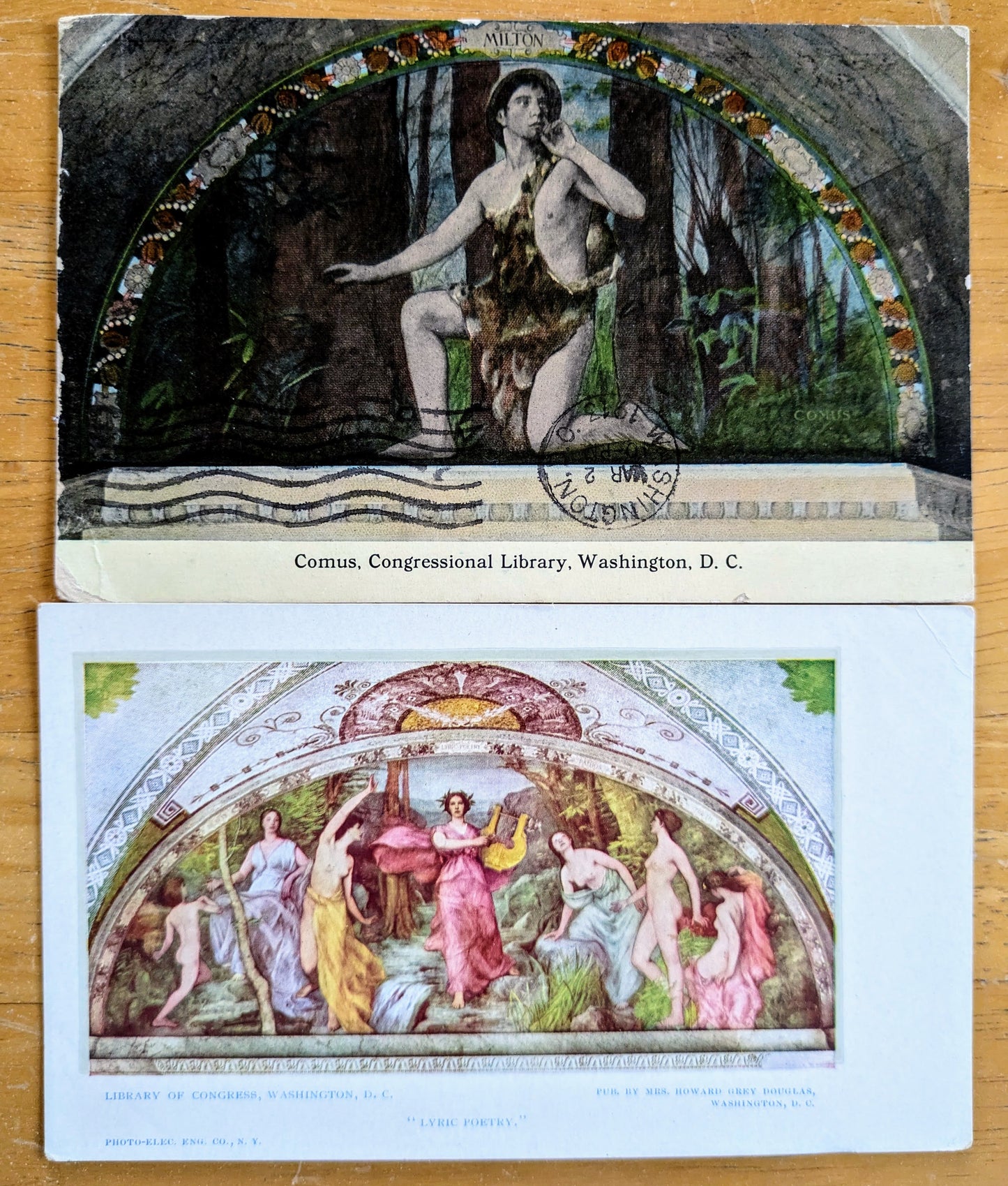 Lot of 2 1910s Library of Congress Washington D.C. Mural Postcards - Henry O. Walker Murals - Vintage Congressional Library Mural Postcards