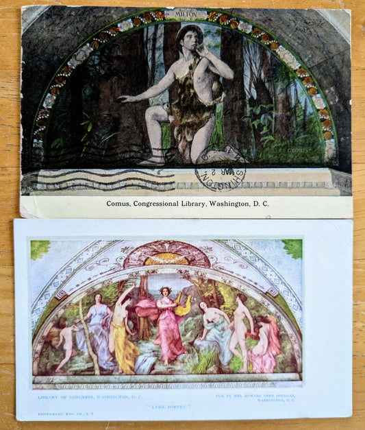 Lot of 2 1910s Library of Congress Washington D.C. Mural Postcards - Henry O. Walker Murals - Vintage Congressional Library Mural Postcards