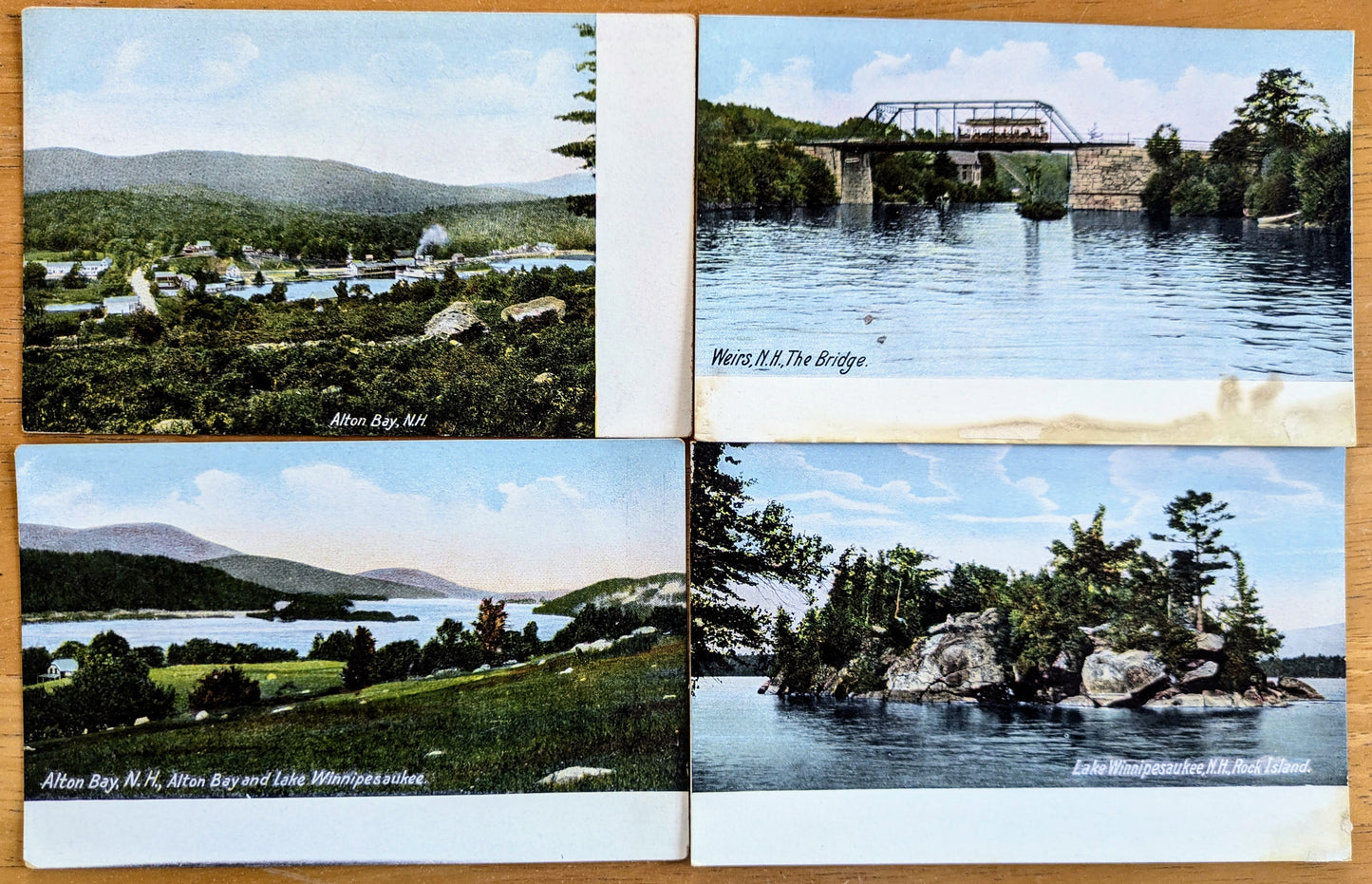 Lot of 4 1900s Lake Winnipesaukee New Hampshire Postcards - Alton Bay, Wiers Bridge, Rock Island - Vintage NH Lakes Region Postcard