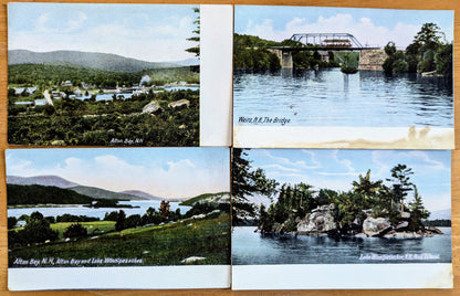 Lot of 4 1900s Lake Winnipesaukee New Hampshire Postcards - Alton Bay, Wiers Bridge, Rock Island - Vintage NH Lakes Region Postcard