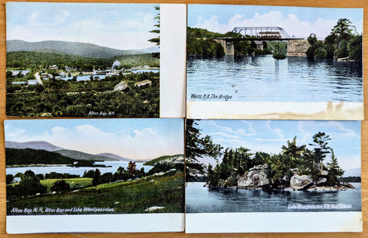 Lot of 4 1900s Lake Winnipesaukee New Hampshire Postcards - Alton Bay, Wiers Bridge, Rock Island - Vintage NH Lakes Region Postcard