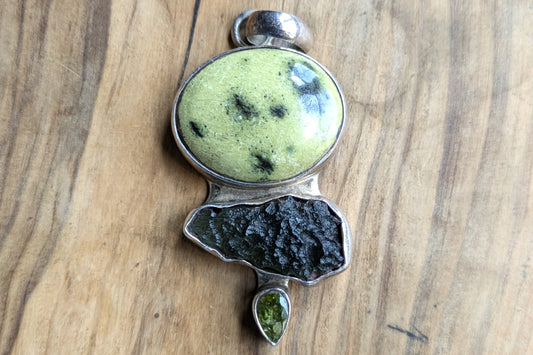 Sterling Silver Atlantisite, Moldavite, and Peridot Stone Pendant - Stamped and Tested Sterling Silver - Unique Green Multistoned Pendant