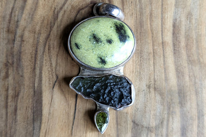 Sterling Silver Atlantisite, Moldavite, and Peridot Stone Pendant - Stamped and Tested Sterling Silver - Unique Green Multistoned Pendant