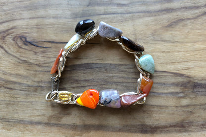 Vintage Polished Rock Chip Bracelet - 7.5 Inches - Semi precious Stone Bracelet - Missing One Stone