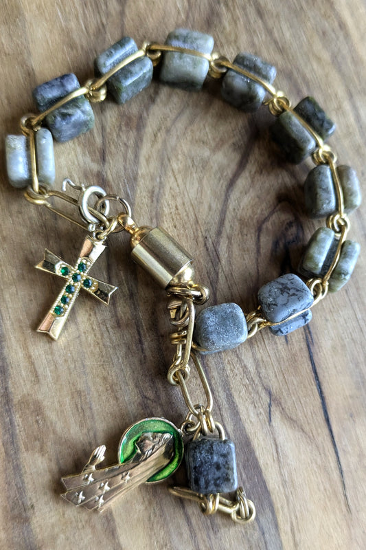 Connemara Marble Wire Wrapped Religious Bracelet - 10 Inches - Madonna and Cross - Irish Jewelry