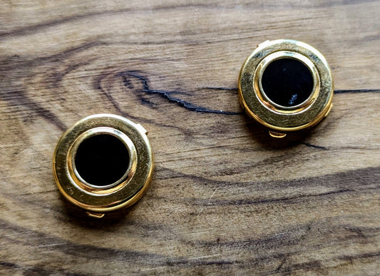 Cool Anson Patented Goldtone and Black Stone Round Button Cover Set - Patent No. 3777336 - Vintage 1970s Anson Gold Button Cover Clips