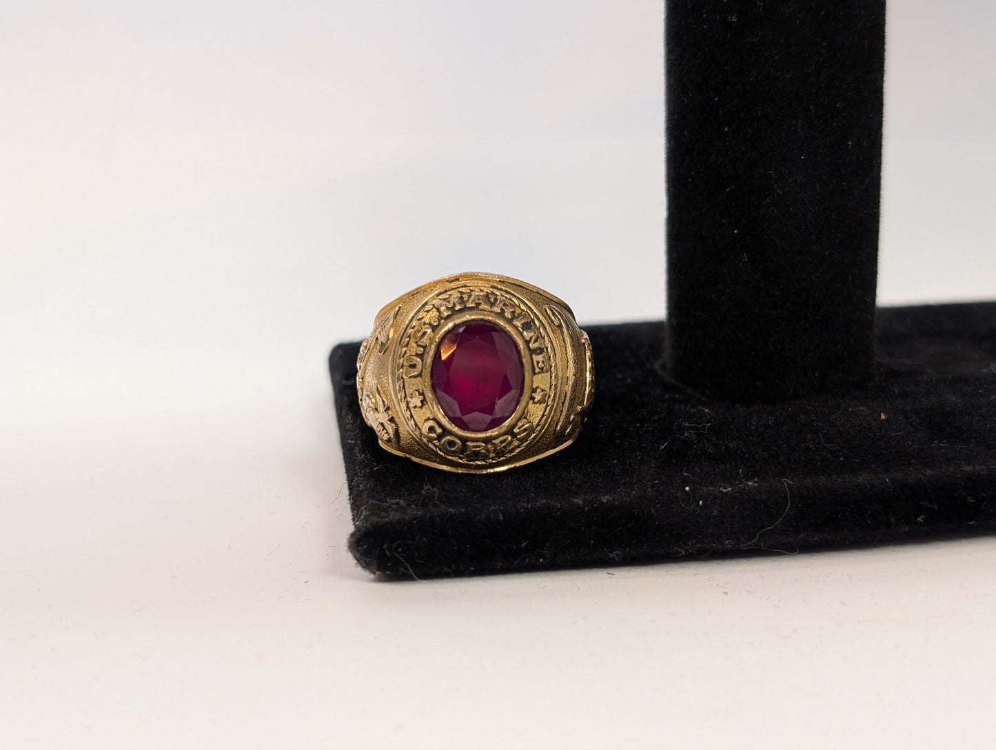 14KT Gold Filled Over 925 US Marine Corps Tun Tavern Ring - Size 9.5 - Iwo Jima - WWII Ring - Ruby Stone