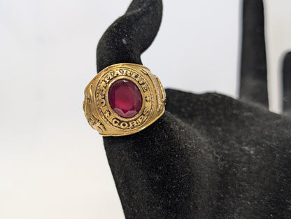14KT Gold Filled Over 925 US Marine Corps Tun Tavern Ring - Size 9.5 - Iwo Jima - WWII Ring - Ruby Stone