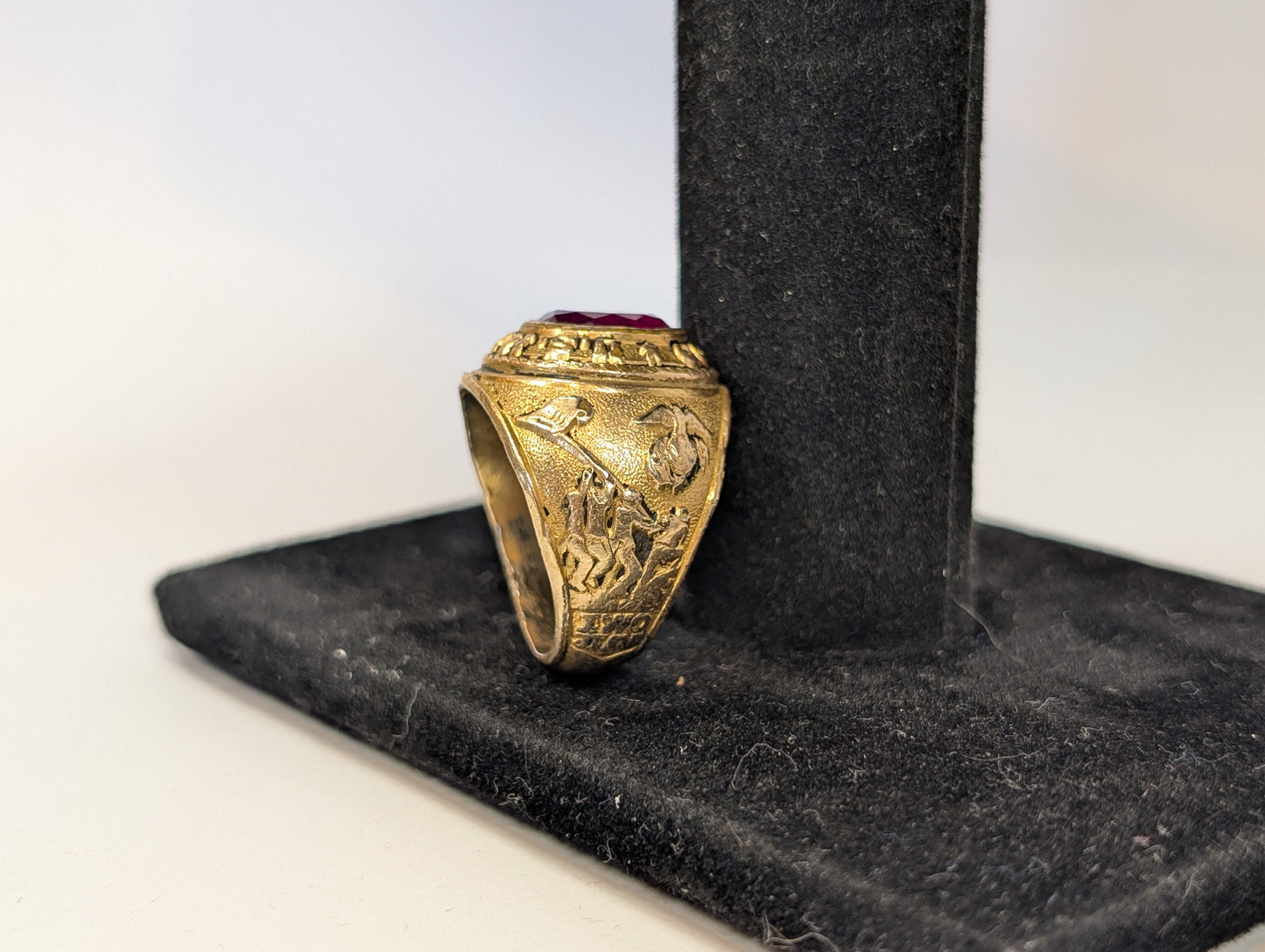 14KT Gold Filled Over 925 US Marine Corps Tun Tavern Ring - Size 9.5 - Iwo Jima - WWII Ring - Ruby Stone