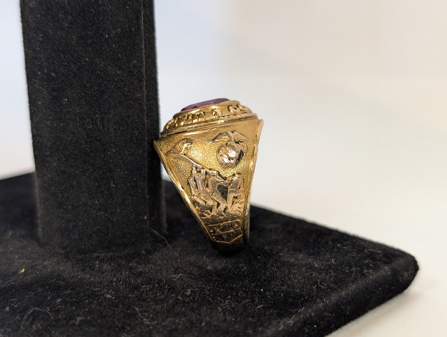 14KT Gold Filled Over 925 US Marine Corps Tun Tavern Ring - Size 9.5 - Iwo Jima - WWII Ring - Ruby Stone