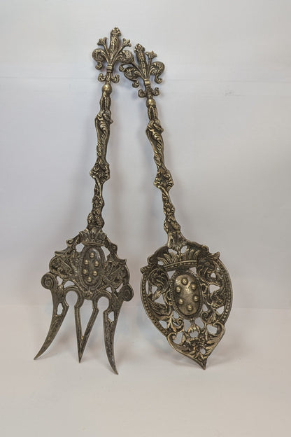 Bordini Silverplated Serving Spoon and Fork - Amazing Designs - Well Detailed - Large Antiques