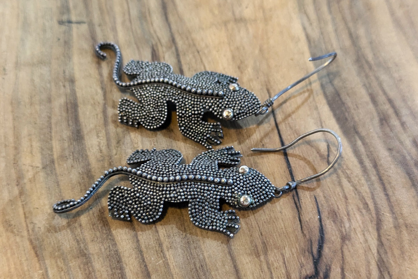 Cute Silver Bumpy Texture Lizard Dangle Earrings - Stamped and Tested Sterling Silver - Mexican Animal Jewelry